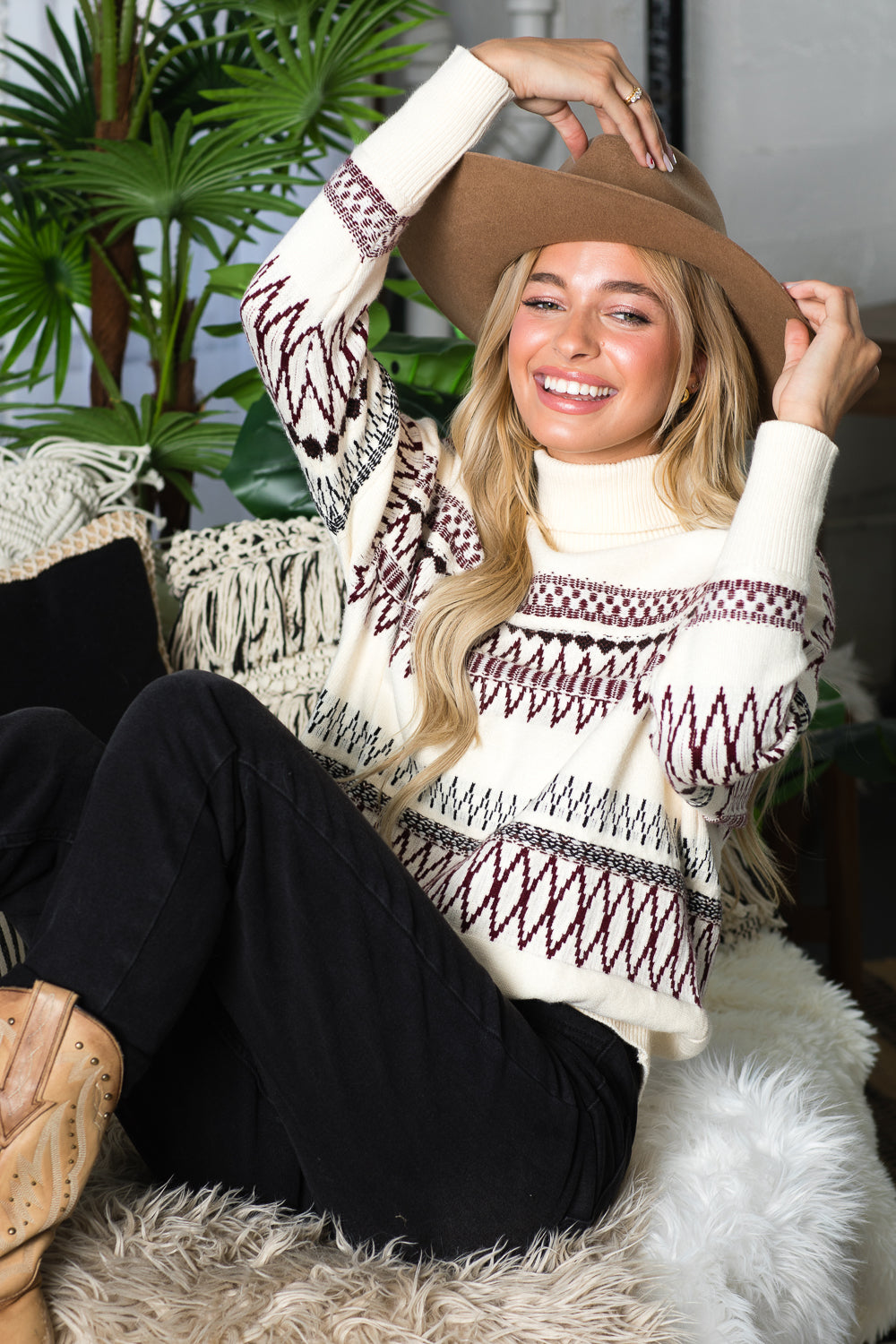 WT0004 BOHO ETHNIC PATTERN TURTLE NECK PULLOVER - VANILLA / 2222=8pcs * $20 - Burzip Wholesale