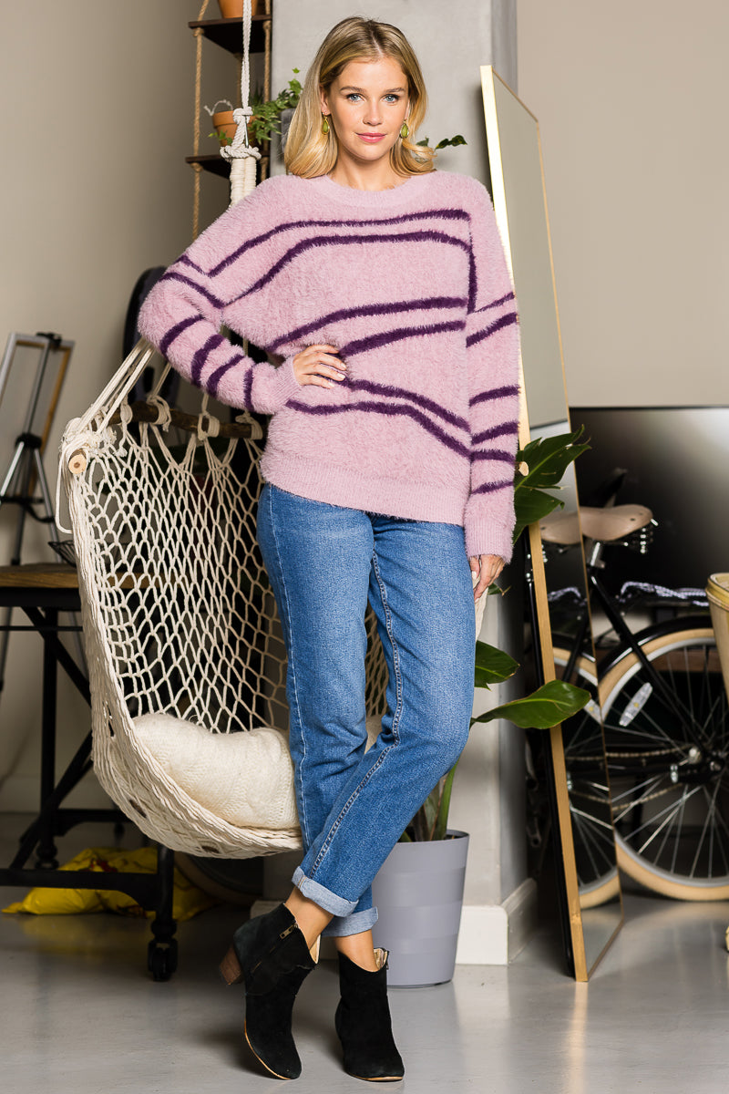 WT0011 Oversized Round Neck Striped Pullover - ORANGE / L - Burzip Wholesale