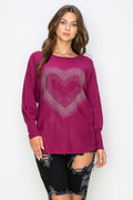 WT0033 SOFT VISCOSE THREAD EMBELLISHED HEART PULLOVER - PLUM / 222=6pcs * $18 - Burzip Wholesale