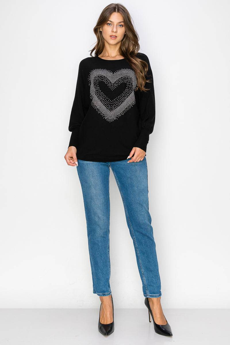 WT0033 SOFT VISCOSE THREAD EMBELLISHED HEART PULLOVER - BLACK /222=6pcs * $18 - Burzip Wholesale