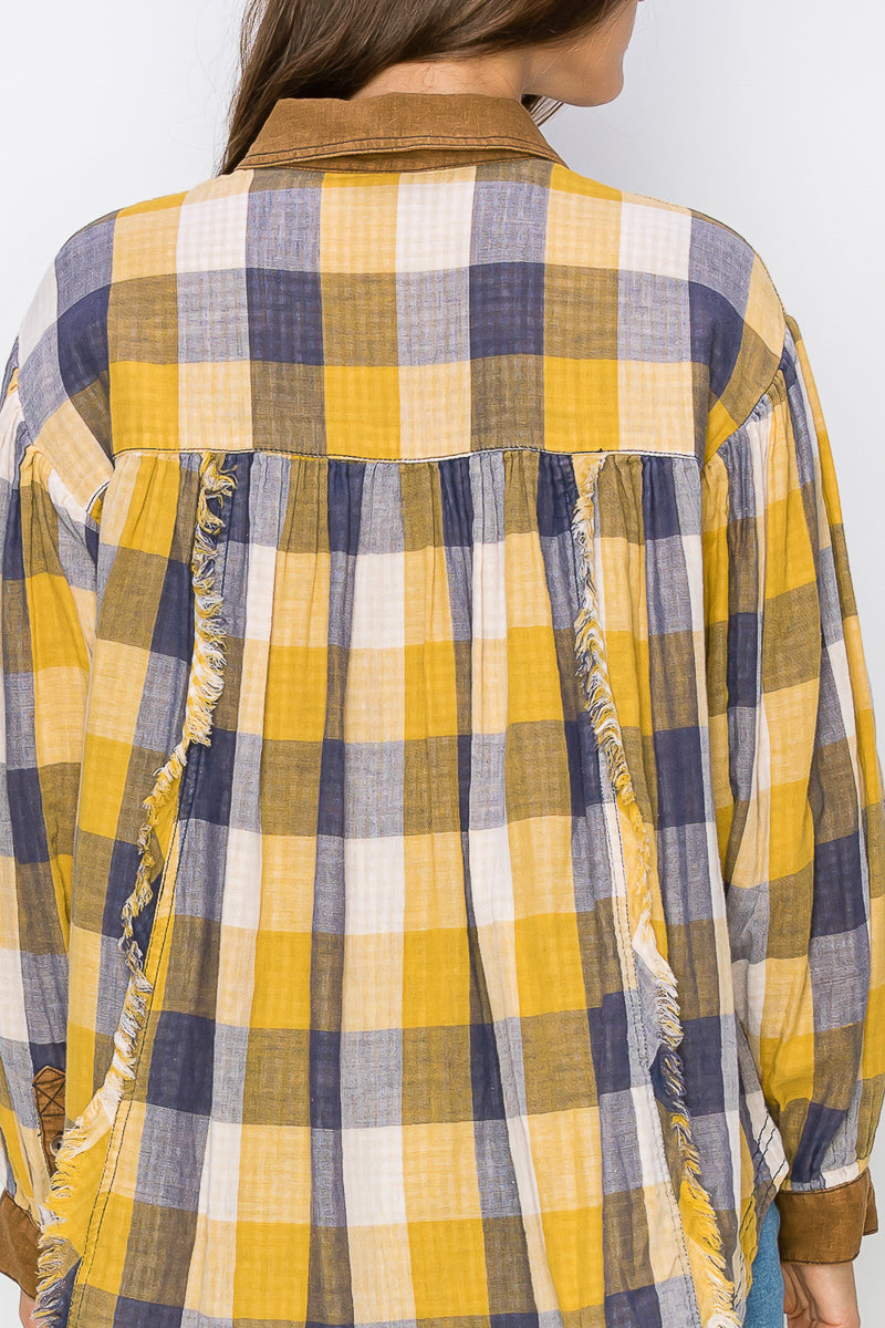 WT0035 Washed Balloon Sleeves Plaid Shirts - MUSTARD / L - Burzip Wholesale