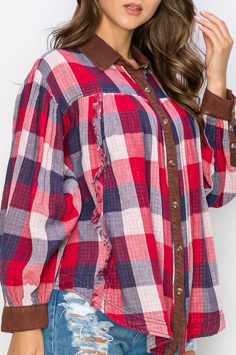 WT0035 Washed Balloon Sleeves Plaid Shirts - selected color - Burzip Wholesale