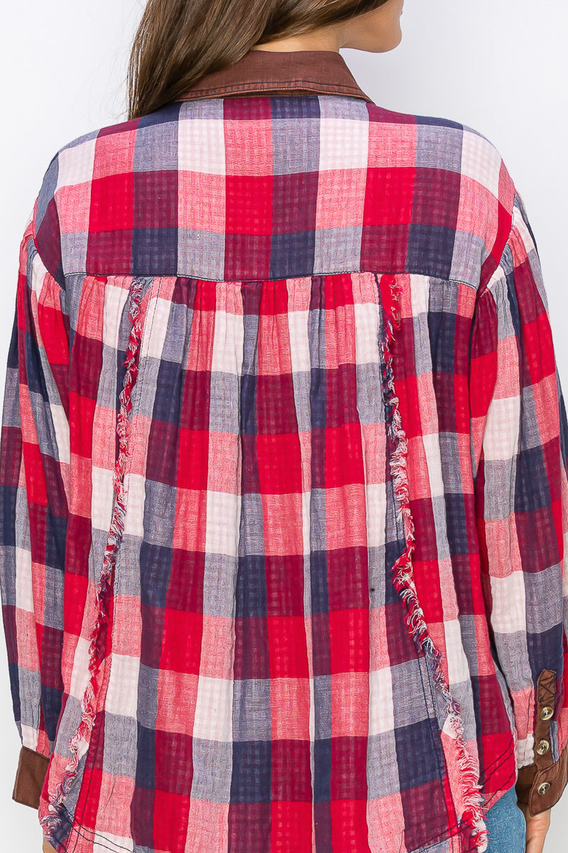WT0035 Washed Balloon Sleeves Plaid Shirts - selected color - Burzip Wholesale