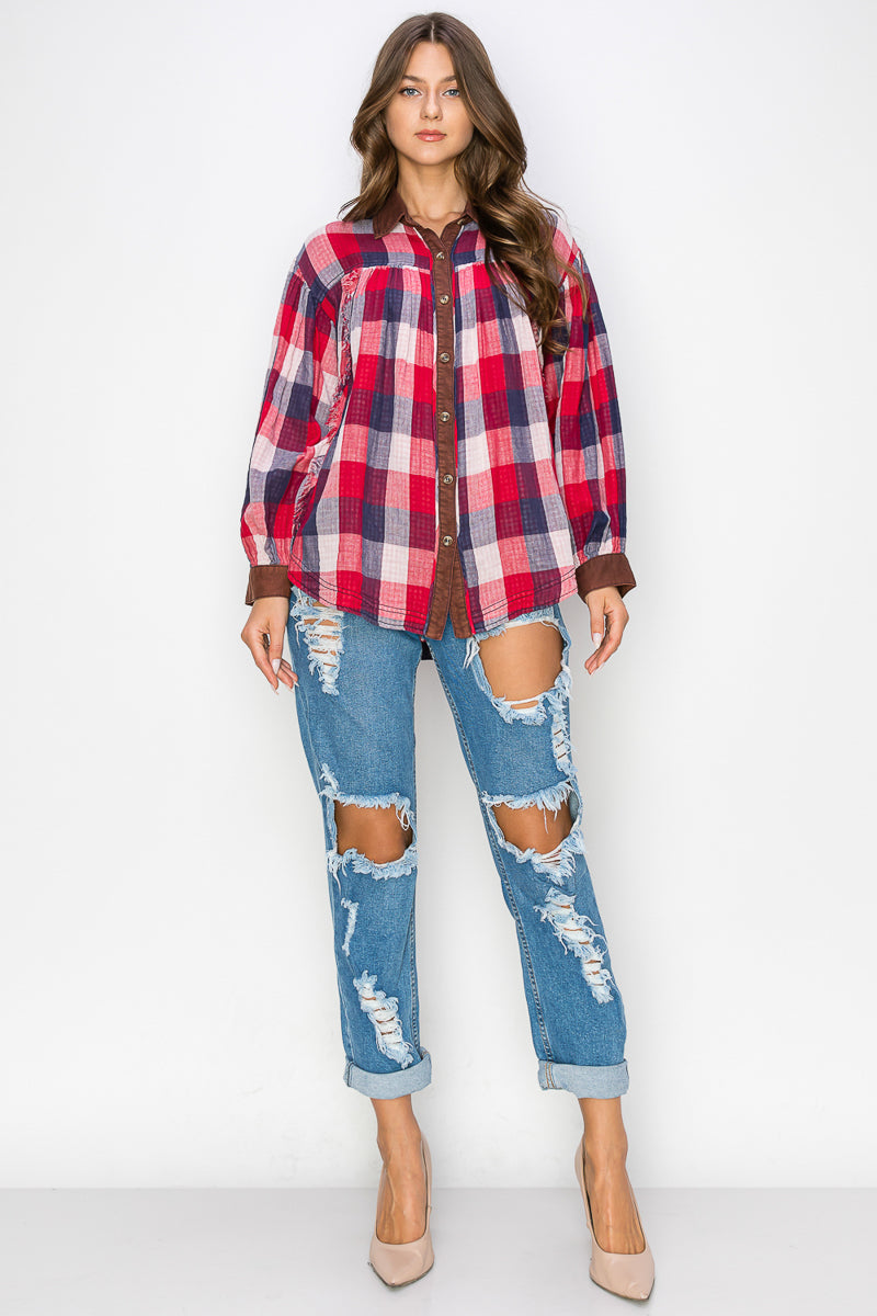 WT0035 Washed Balloon Sleeves Plaid Shirts - MUSTARD / M - Burzip Wholesale