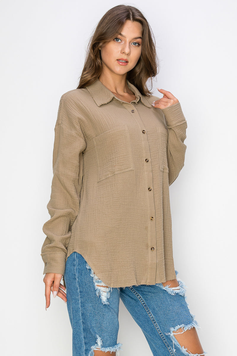 WT0039 Oversized Button Up Shirt - KHAKI / 2222=8pcs * $18 - Burzip Wholesale