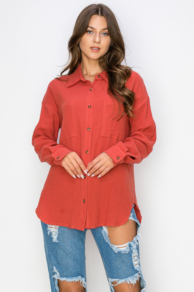 WT0039 Oversized Button Up Shirt - KHAKI / L - Burzip Wholesale