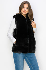 WV0038 RABBIT HOODED FUR VEST - BLK / S - Burzip Wholesale