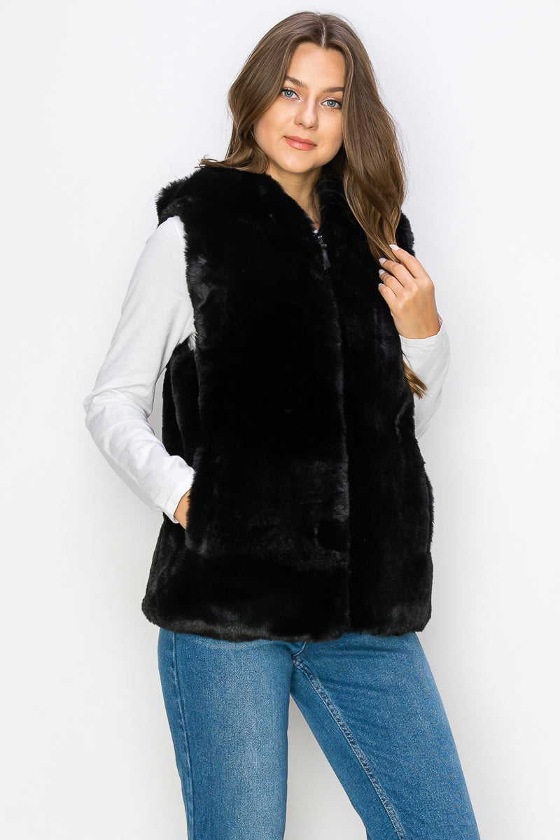 WV0038 RABBIT HOODED FUR VEST - BLK / S - Burzip Wholesale