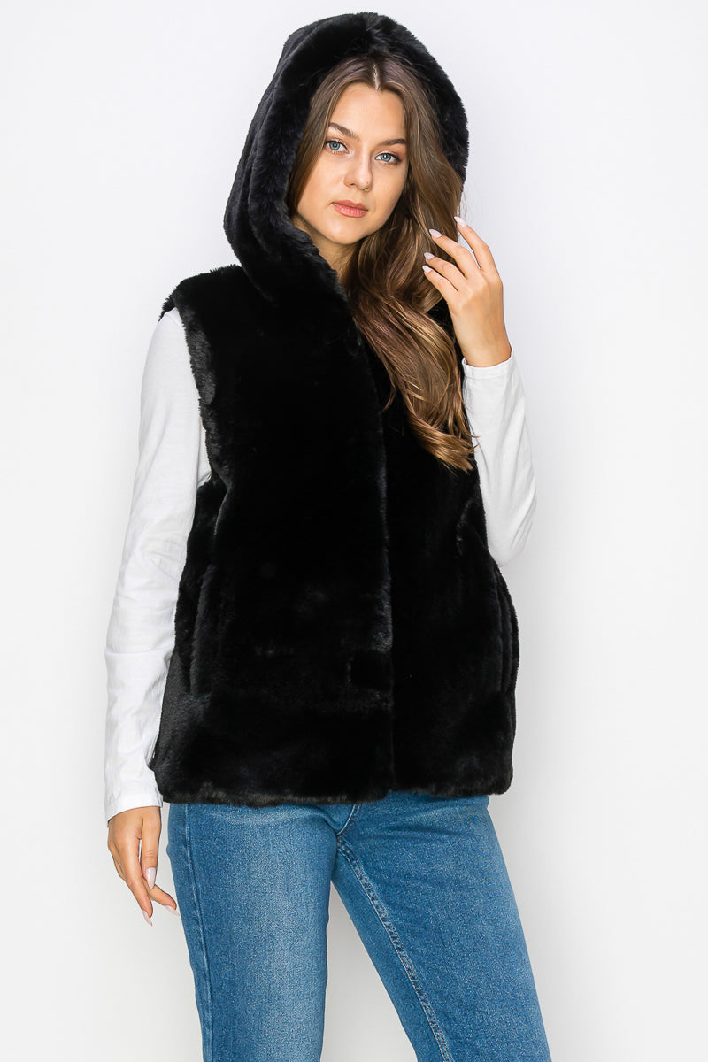 WV0038 RABBIT HOODED FUR VEST - BLK / 1111=4pcs* $21 - Burzip Wholesale