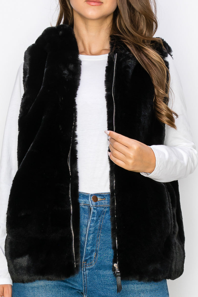 WV0038 RABBIT HOODED FUR VEST - BLK / L - Burzip Wholesale