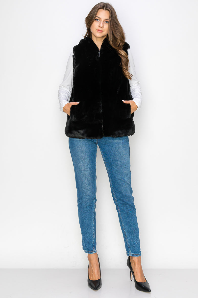 WV0038 RABBIT HOODED FUR VEST - CREAM / 2222=8cps * $18 - Burzip Wholesale