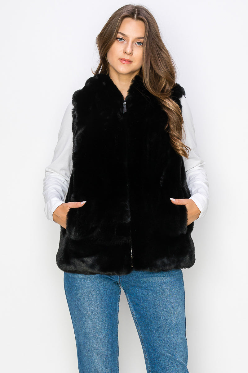 WV0038 RABBIT HOODED FUR VEST - CREAM / - Burzip Wholesale