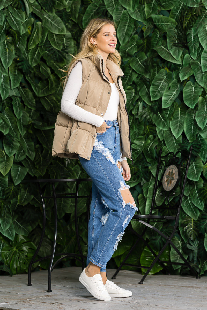 WV0050Women's Lightweight Quilted Puffer Vest with Stand Collar - BEIGE-XL - Burzip Wholesale